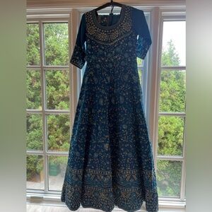 Elegant Blue and Gold Embroidered Indian Dress